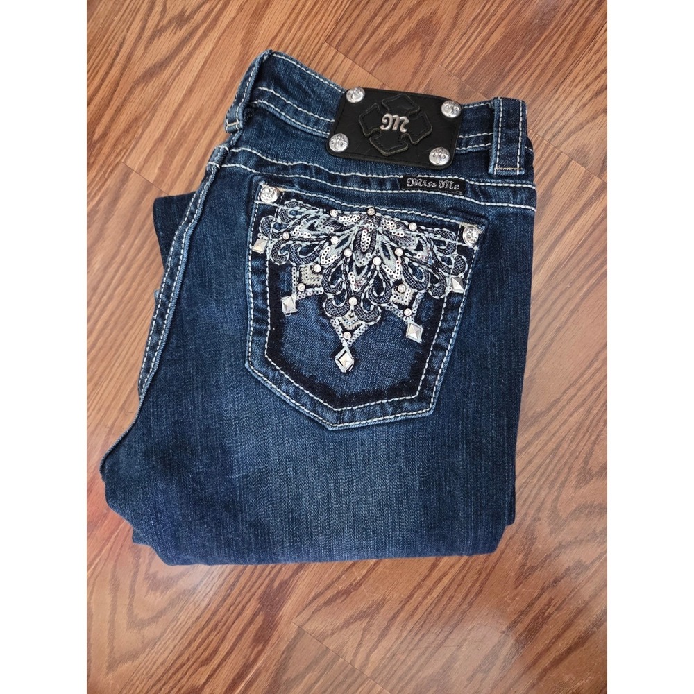 Miss Me Signature Bootcut Jeans Womens 30 Dark‎ Wash Embellished Flap Pocket